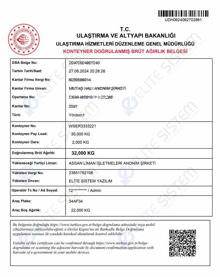 DBA (Doğrulanmış Brüt Ağırlık)