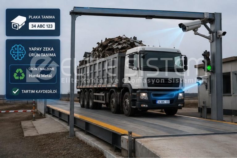 Tır kantarı platformunda metal yüklü kamyon tartımı